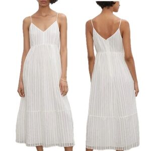 Club Monaco White Cotton Blend A line Ribbed Spaghetti Strap Midi V Neck Dress